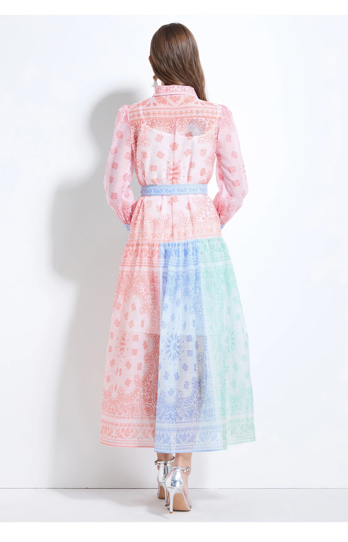 Spring Summer 2025 New Women Fashion Rainbow Print Elegant Shirt Long Dresses Vintage Single Breasted Party Dress Bohemian Trend