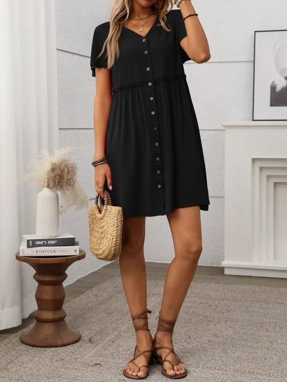 Spring Summer Button Down Dress Flutter Sleeve Cotton Linen A Line Dress With Pockets Beach Summer Knee Length Dresses For Women