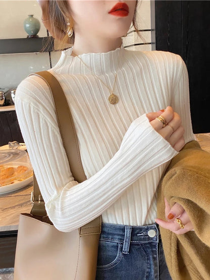Autumn Winter Knitted Ribbed Turtleneck Sweater Women Clothes 2025 Long Sleeve Slim Basic Pullover Woman Sweaters Solid Tops
