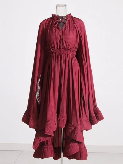 TWOTWINSTYLE Elegant Solid Dresses For Women V Neck Cloak Sleeves High Waist Spliced Lace Up Ruffles Pleated Dress Female Summer