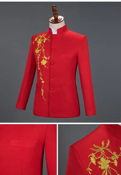 New Men Stand Collar Embroidery Suit 2 Piece Black / White / Red Fashion Male Stage Party Perform Blazer and Trousers