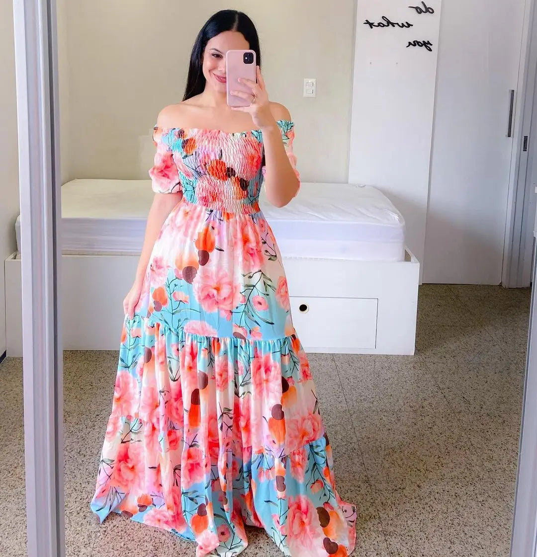Spring Summer Sexy Off Shoulder Maxi Dress Woman Fashion Flower Print Short Sleeve Dresses For Women 2023 Elegant Party Robe