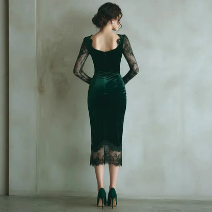 Women’s Velvet Ruched Bodycon Midi Dress with Square Neck and Sheer Mesh Long Sleeve Slim Fit Elegant Party Dress