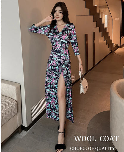 FANIECES Summer Wrap Dresses Women Sexy V Neck Split Maxi Dress Print Female Casual Beachwear Lace Up Party Vestidos Robe платье