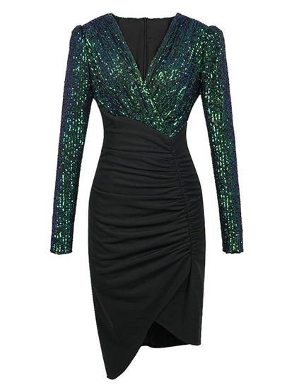 Fashion Lady Fake 2-Piece Sparkly Sequin Splic Irregular Evening Dress Women Clothing Elegant V-Neck Slim Party Birthday Vestido