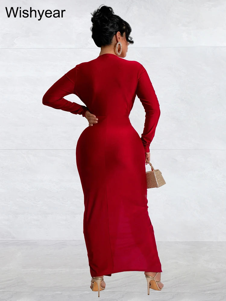 Wishyear Elegant Celebrity Cocktail Dress Women Red Long Sleeve Deep V Neck Front Split Bodycon Birthday Party Night Vestidos