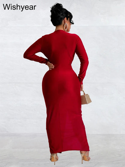 Wishyear Elegant Celebrity Cocktail Dress Women Red Long Sleeve Deep V Neck Front Split Bodycon Birthday Party Night Vestidos