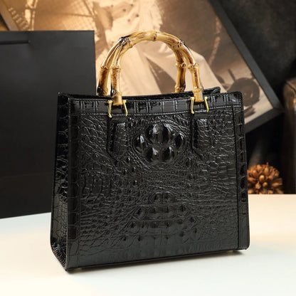 Crocodile Pattern Leather Women's Handbags Bamboo Handle Portable Tote Bag Mom Tide Shoulder Messenger Bags 2025 New Fashion
