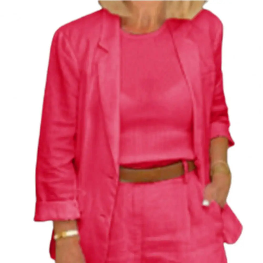 Cotton Linen Temperament Blazer Shorts Women's Blazer Suit 2 Piece Set Elastic Waist Thin Female Blazer Shorts Summer Outfit