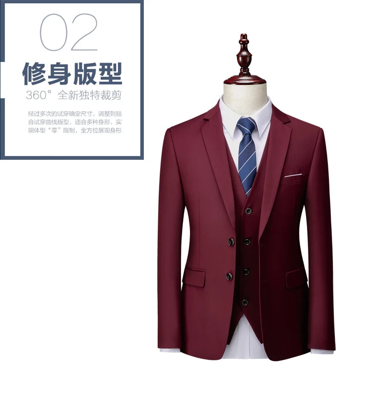 3 Pcs Suits Set Blazers Jacket Pants Vest / 2023 Fashion New Men Casual Boutique Business Slim Dress Formal Coat Trousers