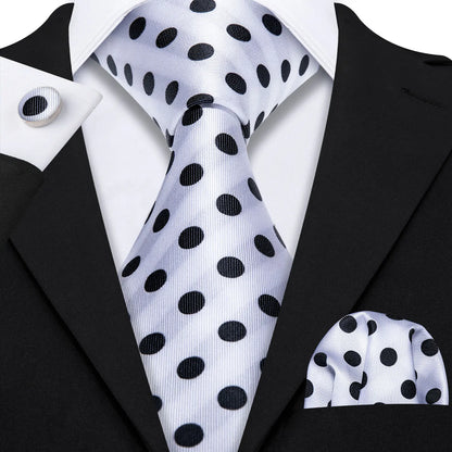 Barry.Wang Black White Gray Silver Silk Men Tie Handkerchief Cufflinks Set Jacquard Necktie for Male Wedding Business Party Gift