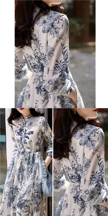Women's spring and fall vintage print dress interpretation of elegant temperament lace-up slim French long sleeve long skirt