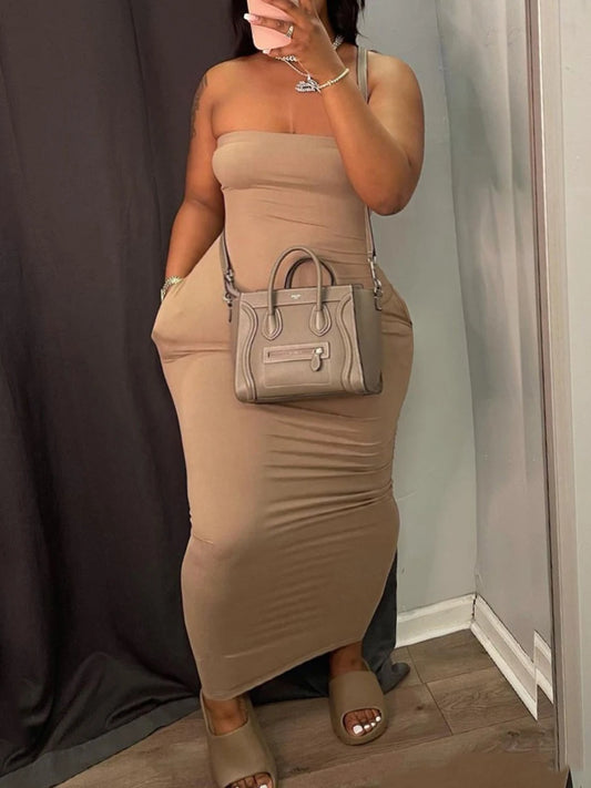 LW Plus Size dresses Off The Shoulder Pocket Design Dress summer sleeveless sexy dress vestido Fashion Elegant maxi dresses
