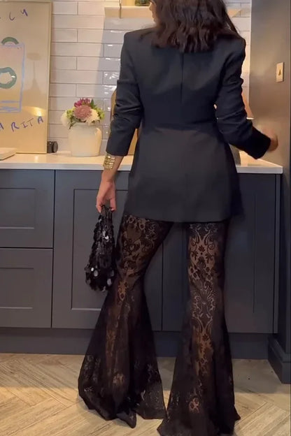 Women Fashion Elegant Blazer Jacquard Lace Pants Sets Slim Button Full Sleeve Suit Jacket Long Flare Trousers Lady Party Outfits
