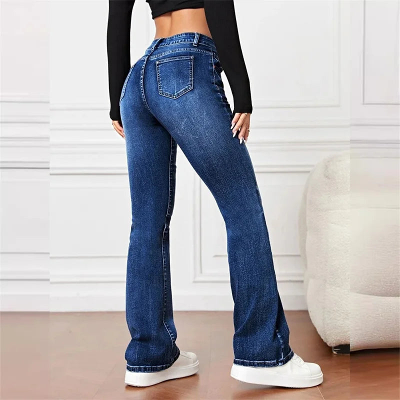 Women New Casual Micro Flares Jeans Vintage Mid Waist Button Splice Denim Pants Female Office Commuter Trousers Trend Streetwear