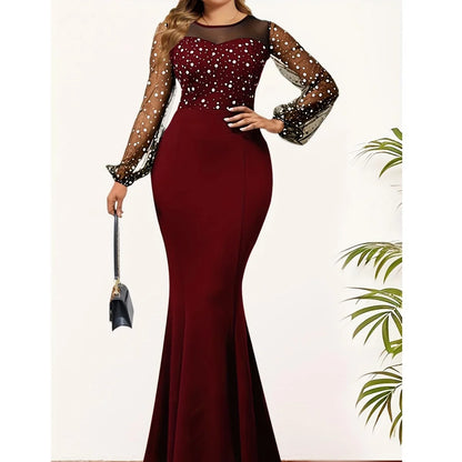 Mesh Patchwork Dress Womens Fashion Round Neck Long Sleeve Slim Elegant Dress Women