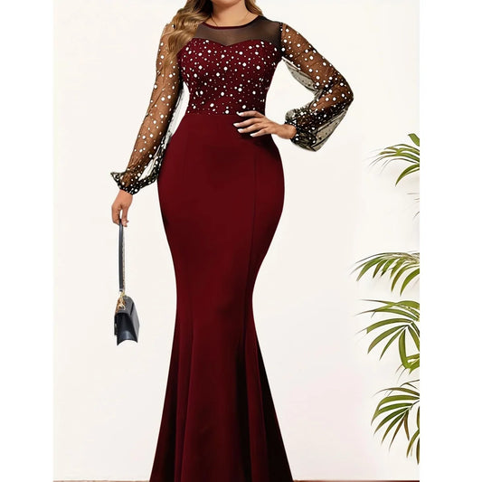 Mesh Patchwork Dress Womens Fashion Round Neck Long Sleeve Slim Elegant Dress Women
