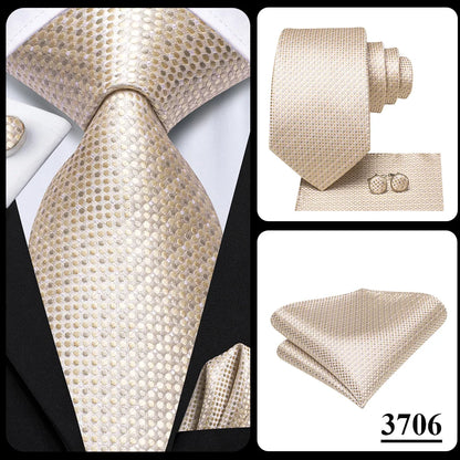 Hi-Tie Champagne Gold-color Silk Mens Elegant Ties Fashion Mens Necktie Pocket Square Cufflinks Set Business Party Wedding