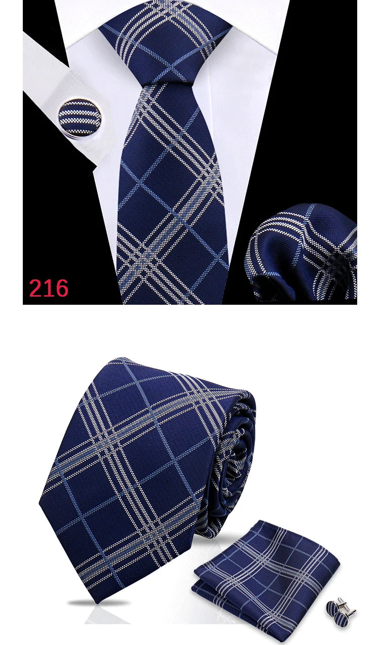 Luxury Plaid Tie For Mens Necktie Handkerchief Pocket Square Cufflinks Set Jacquard Woven Ties Wedding Business Accessories