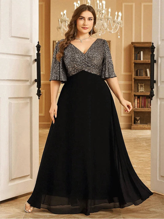 Plus Size V-neck Short Sleeve Black and Silver Sequined Mesh Floor-length Evening Dress 4XL 5XL Big Size Shiny Evening Dress