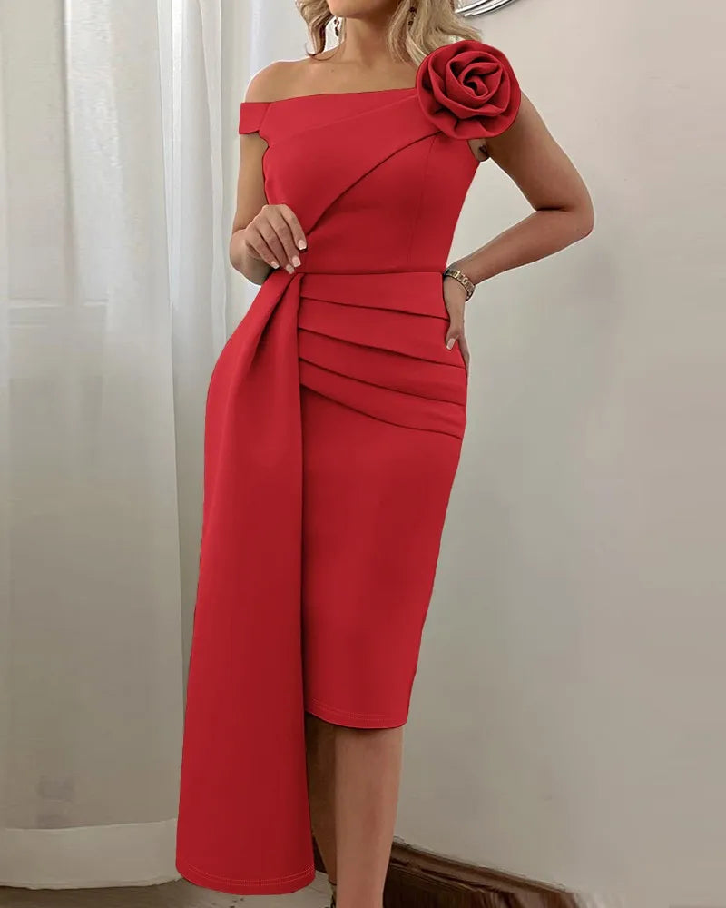 Spring Women Evening Dress Sexy Off The Shoulder 3D Rose Flowers Detail Shirr Asymmetrical Hem Party Dress