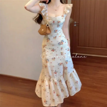 Women Summer Fashion Floral Print Ruffle Sweet Elegant Party Dresses Sexy Split Square Neck Sleeveless Slim Midi Dress Vestidos