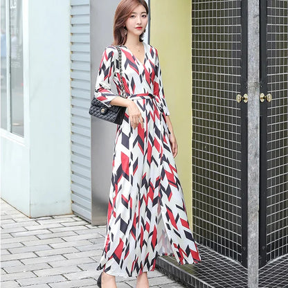 FANIECES Summer Wrap Dresses Women Sexy V Neck Split Maxi Dress Print Female Casual Beachwear Lace Up Party Vestidos Robe платье
