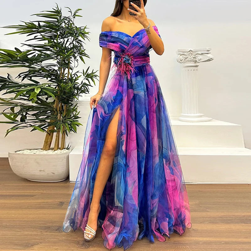 Spring Summer New Mesh Evening Dress Vintage Pattern Printed High Waisted Long Dress New One Shoulder Pleat Banquet Swing Dress