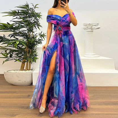 Spring Summer New Mesh Evening Dress Vintage Pattern Printed High Waisted Long Dress New One Shoulder Pleat Banquet Swing Dress