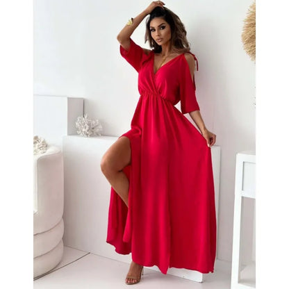 Spring New Women Dress Short Sleeve Elegant Sexy Deep V-neck Hollow Out Solid Color Slit Hem Slim Dresses 2025 Vestidos For Lady