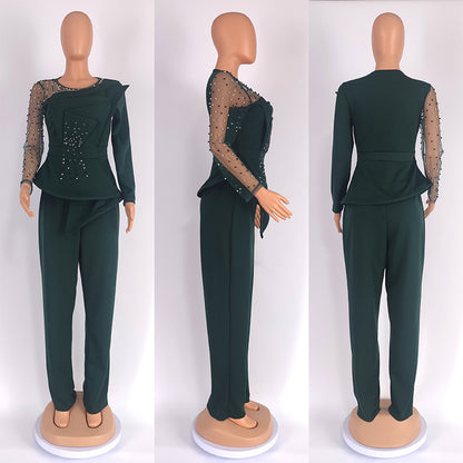 CM.YAYA Vintage Women  Beading Mesh Patchwork Ruffles Fan-shaped Blazer Tops and Pants Suit Two 2 Piece Set Outfits Tracksuit