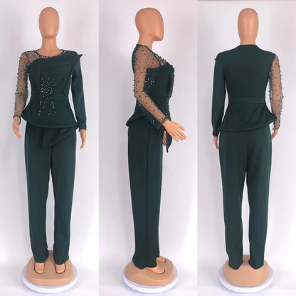 CM.YAYA Vintage Women  Beading Mesh Patchwork Ruffles Fan-shaped Blazer Tops and Pants Suit Two 2 Piece Set Outfits Tracksuit