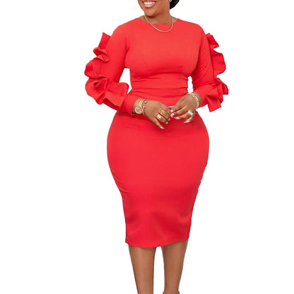 Elegant Office Dresses for Woman 2024 New O Neck Petal Sleeve Sheath Package Hips Mid Calf Formal Business Work Wear Dress Midi
