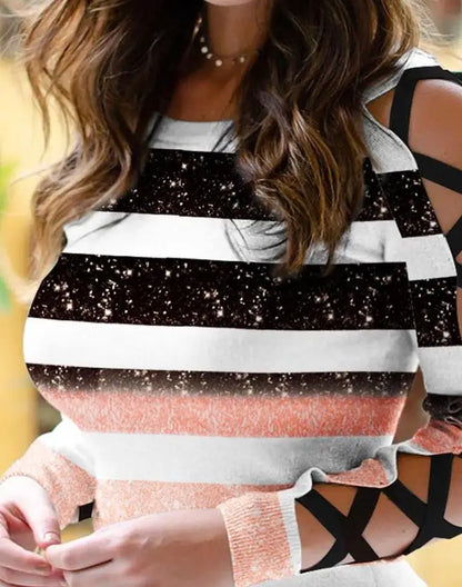 Fashion Blouse for Women Spring Round Neck Long Sleeve Crisscross Hollow Out Design Colorblock Cold Shoulder Top Pullover