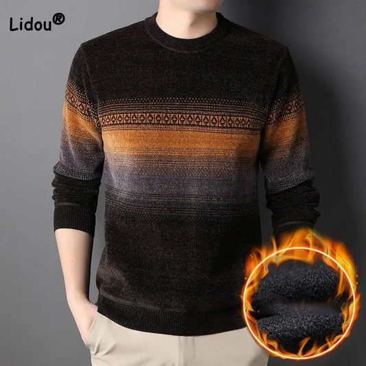 Male Clothes Fashion Casual Long Sleeve Contrast Color Sweaters 2023 Winter Vintage Trend Round Neck Thickening Knitted Tops