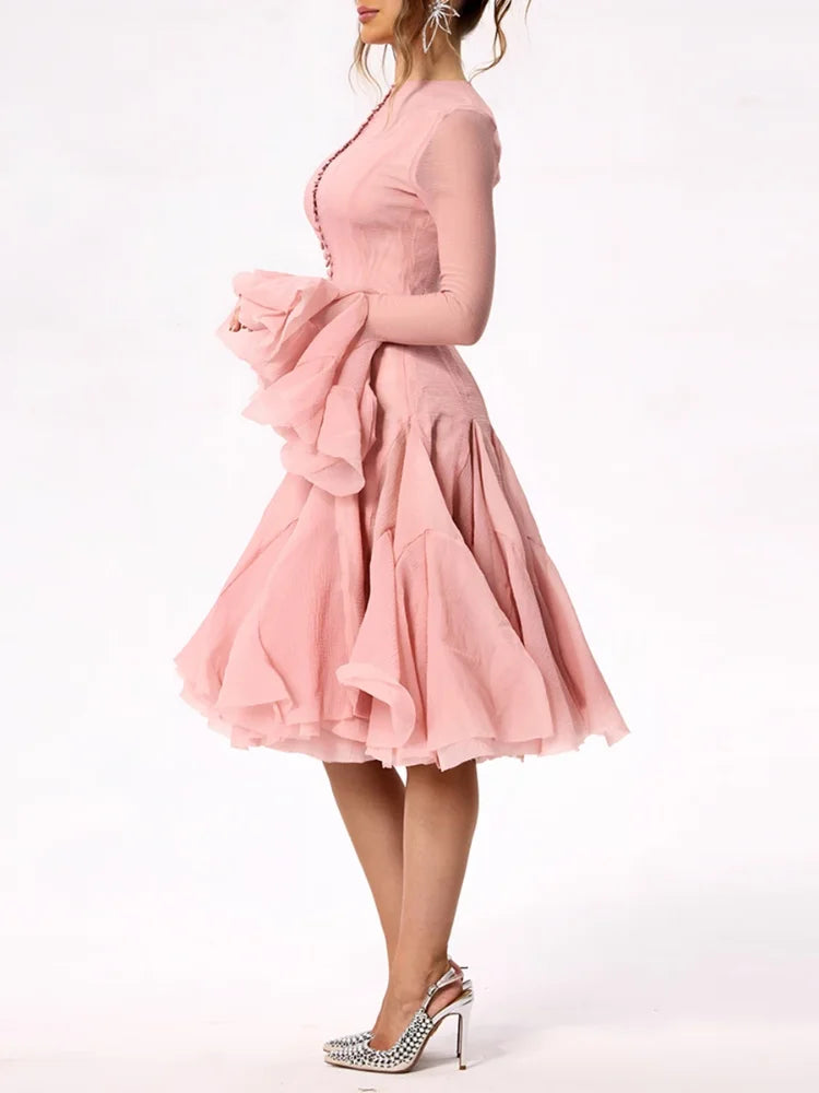 Solid Women Layered Ruffles Midi Dress Fashion Irregular Pleated A-line Long Sleeve Button Robe 2025 Female High Street Vestidos