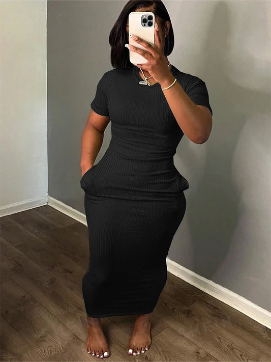 Plus Size 2024 Summer New Round Neck Short Sleeve Slim Hottie  Ladies' Stylish Summer Solid Versatile Bodycon Dress