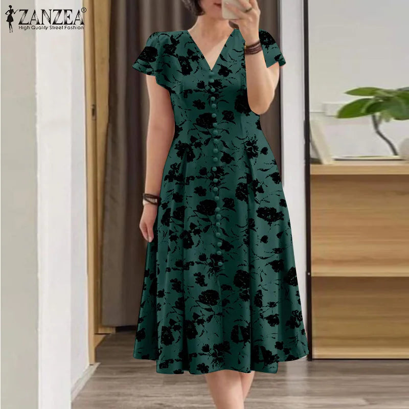 ZANZEA Fashion Floral Print Women Midi Dresses 2024 Summer Ruffle Sleeve V Neck A-line Vestido Casual Cinch Waist Party Sundress