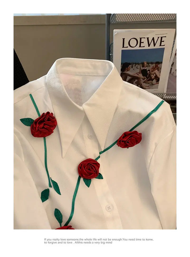 2023 New Spring and Autumn Fashionable Temperament Romantic Three-dimensional Rose Men's Casual Loose Design Sense Niche Shirt
