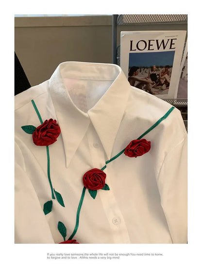 2023 New Spring and Autumn Fashionable Temperament Romantic Three-dimensional Rose Men's Casual Loose Design Sense Niche Shirt