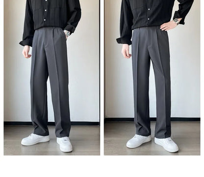 Spring Summer Men Suit Pants Wide Leg Long Drape Trousers Fashion Streetwear Clothing Solid Stretch Waist Oversize Pants Black