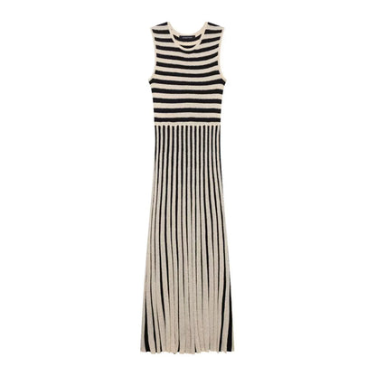 Spring Summer Women Casual Dress Striped Print Dress Round Neck Sleeveless Elastic Office Ladies Dresses Female Long Robe