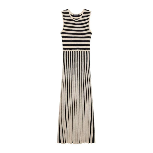 Spring Summer Women Casual Dress Striped Print Dress Round Neck Sleeveless Elastic Office Ladies Dresses Female Long Robe