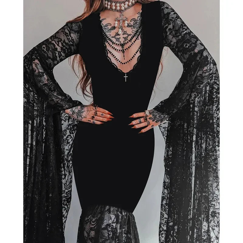 Y2K Goth Floral Lace Mesh Flared Sleeve Bodycon Party Dresses Sexy Vintage Elegant Black Velvet V-Neck Long Dress Partywear