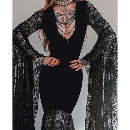 Y2K Goth Floral Lace Mesh Flared Sleeve Bodycon Party Dresses Sexy Vintage Elegant Black Velvet V-Neck Long Dress Partywear