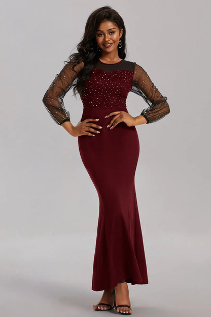 Mesh Patchwork Dress Womens Fashion Round Neck Long Sleeve Slim Elegant Dress Women