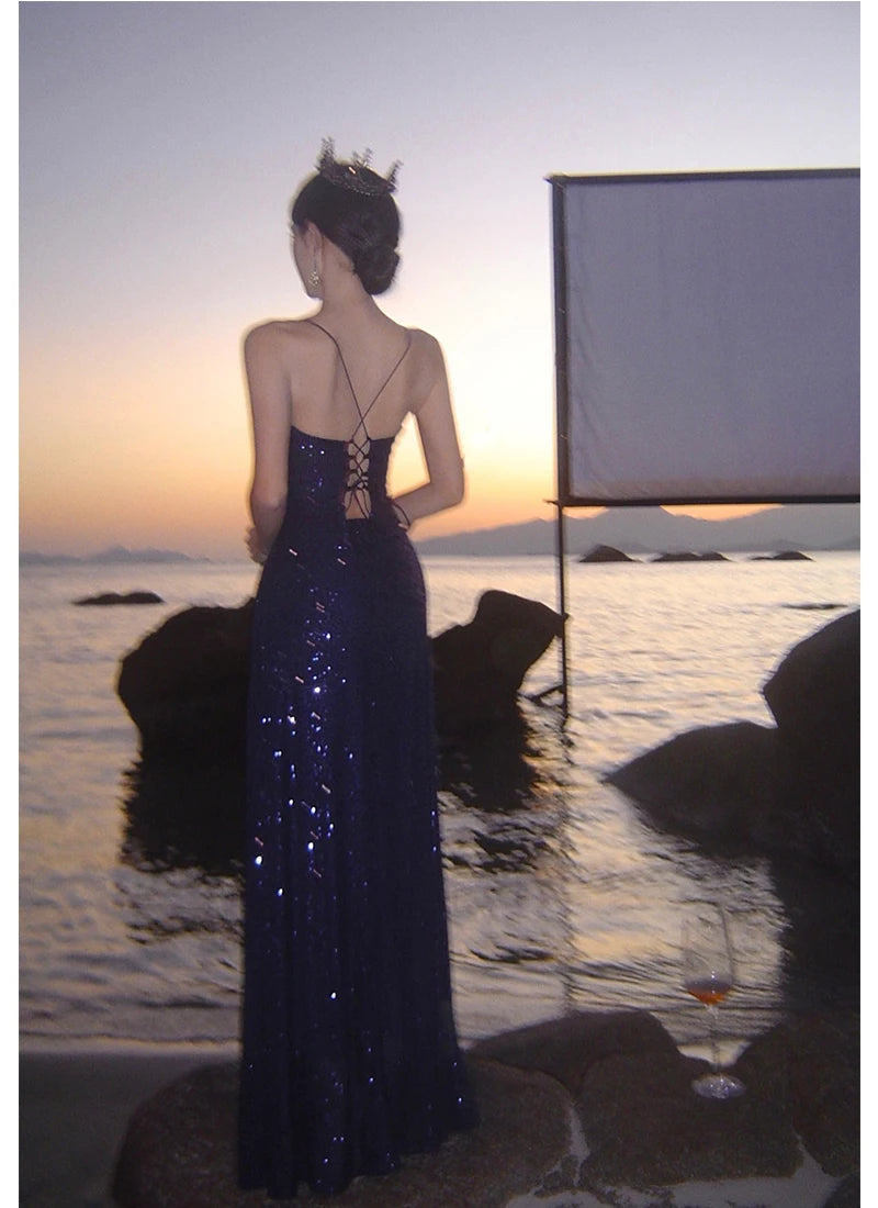 Sexy Backless Sequined Maxi Dresses for Women V-neck Lace-up High Split Evening Luxury Dress Fashion Birthday Party Prom Robe