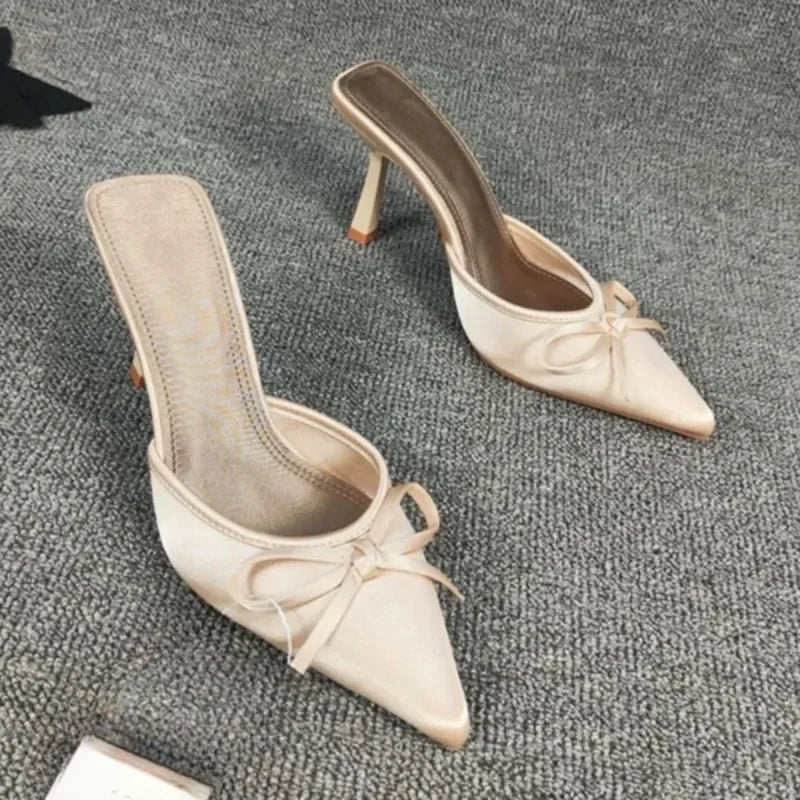 Bow High Heels Slippers Women Pointed Toe Mules Shoes Sexy 2025 Summer Dress Party Stilettos Sandals Woman Slides Trend Pumps