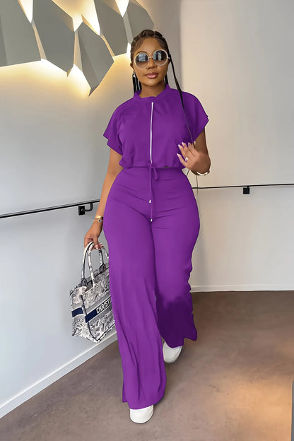 Women Casual Round Neck Drawstring Short Sleeve Top & High Waist Pants Set Summer Solid Two Piece Suit Sets Outfits Set Female