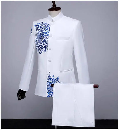 New Men Standing Collar Embroidered Suit 2 Piece Fashion Male Business Social Wedding Prom Stage Performance Dress Blazer Pant
